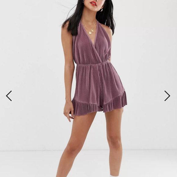 ASOS Petite Plisse V-Neck Halter with Frill Hem Romper - Picture 7 of 9